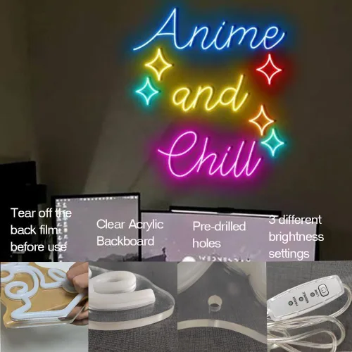 Miniatura 4 de Letreros de neón personalizados de Anime and Chill para decoración de pared, letrero de luz LED rosa para sala de juegos, fiesta, bar, tamaño: 18