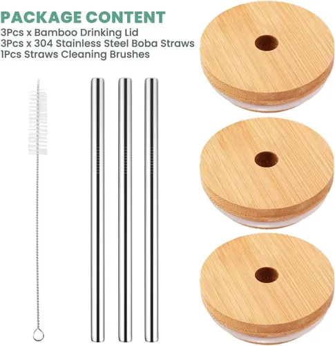 Miniatura 6 de Paquete de 3 tapas de bambú de boca regular con agujero para popote y popote compatible con tarro Mason, tapas de madera para tarros de boca regular