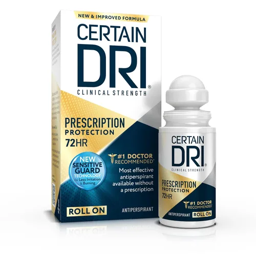 Certain Dri Prescription Strength - Antitranspirante clínico de fuerza de prescripción roll-on para hiperhidrosis, protección contra el sudor de 72