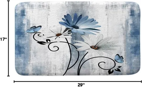 Miniatura 2 de Tapete de baño rústico de granja, diseño de margaritas azules y flores, mariposa, tapete de baño de madera para baño, tapete de baño suave