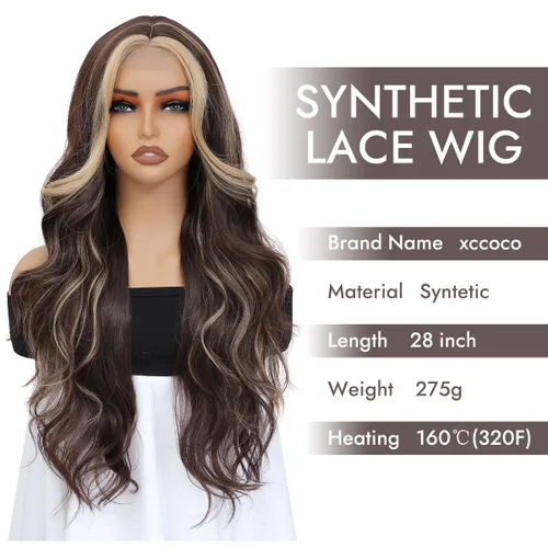 Miniatura 2 de Peluca de cabello sintético ondulado con encaje frontal, peluca marrón con reflejos rubios, pelucas largas onduladas de 28 pulgadas para mujeres