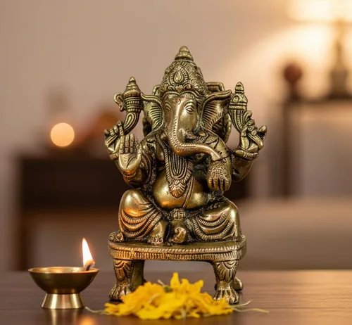 eSplanade Ganesha de latón de 8 pulgadas en acabado antiguo | Pooja Puja Ganesh Ganesha Ganpati Ganapati Murti Idol (5.75 pulgadas)