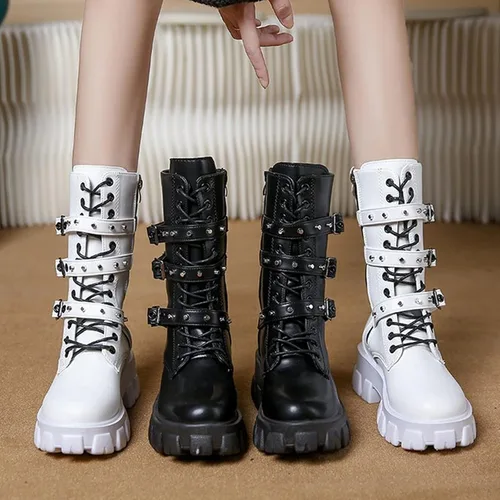 Miniatura 4 de Botas de media pantorrilla para mujer, ligeras, a la moda, con múltiples hebillas, con cordones, antideslizantes, altura de motocicleta