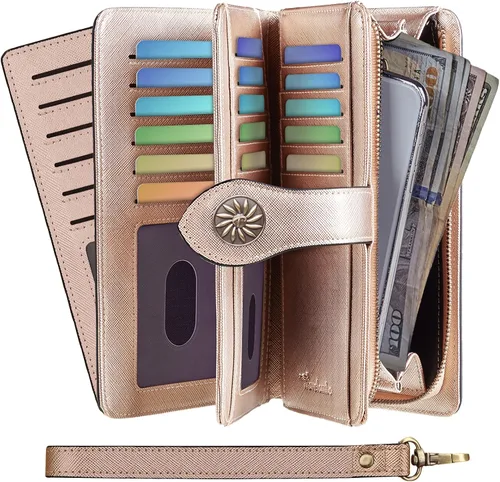 Miniatura 2 de Travelambo Billetera para mujer de gran capacidad con bloqueo RFID de cuero genuino