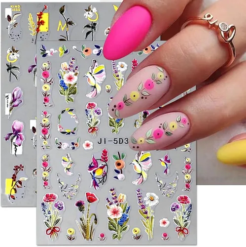 Miniatura 5 de Calcomanías de uñas bronceadas en relieve 5D, 3 hojas de flores de primavera, hierba, pájaro, calcomanías de arte de uñas, accesorios de uñas