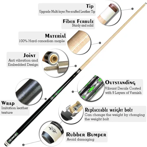 Miniatura 3 de Tai ba cues Taco de billar profesional de 2 piezas + estuche rígido, punta de 0.512 in, 58 pulgadas, palo de billar profesional de madera dura
