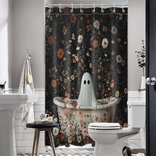 Miniatura 2 de LB Cortina de ducha pequeña de fantasma de Halloween de 48 x 68 pulgadas, forro de cortina de ducha de tamaño medio floral naranja, divertidas