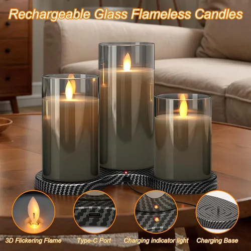 Miniatura 3 de GenSwin - Velas recargables con estación de carga, velas de cristal sin llama con control remoto, velas LED de pila parpadeantes que funcionan