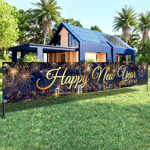 KatchOn Cartel de Feliz Año Nuevo 2025, extragrande, 120 x 20 pulgadas | Suministros para fiestas de Nochevieja 2025, decoraciones nuevas 2025