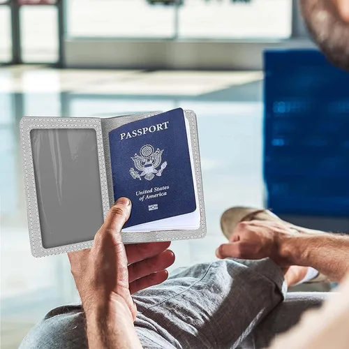 Miniatura 2 de Combo de soporte para pasaporte, pasaporte y tarjetero de vacunación, Gris plateado + azul marino, piel sintética