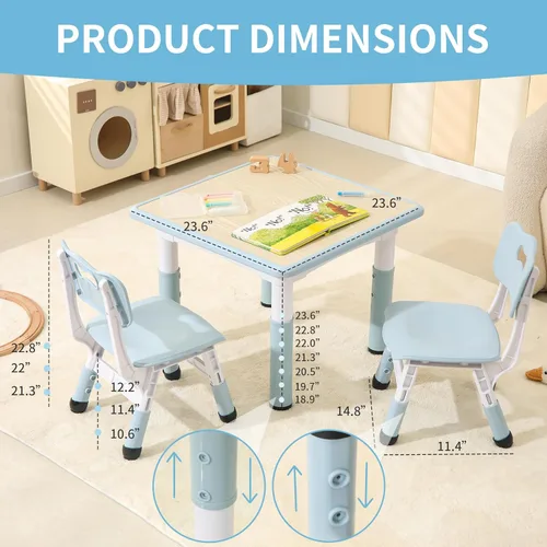 Miniatura 2 de Hulaibit - Juego de mesa y 2 sillas para niños, mesa de altura ajustable para niños pequeños con cubiertas antideslizantes para los pies, mesa