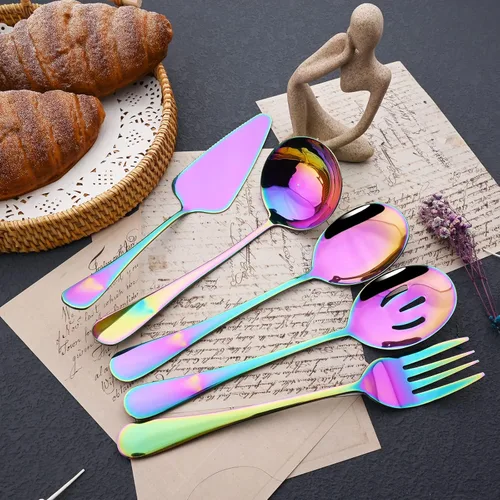 Miniatura 4 de JASHII Juego de cubiertos de 25 piezas con tenedor y cuchara con utensilios para servir para 4, cubiertos de acero inoxidable de grado alimenticio