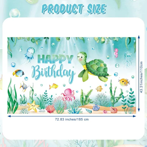 Miniatura 3 de Preboun Pancarta de fondo de cumpleaños de tortuga oceánica, decoración de fondo de fotos de animales marinos del océano para fiesta de cumpleaños