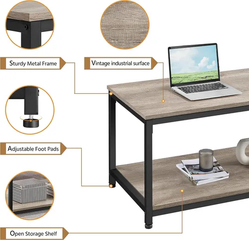 Miniatura 5 de Yaheetech - Mesa de centro de 2 niveles de 39.5" con estante de almacenamiento, mesa de centro gris industrial, fácil de montar, mesas centrales