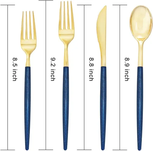 Miniatura 6 de Supernal 180 cubiertos de plástico dorado y azul, cubiertos de plástico dorado con mango de purpurina azul, cubiertos desechables para fiestas
