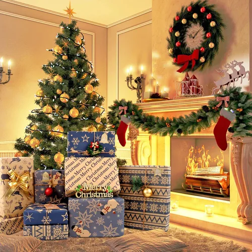 Miniatura 3 de Hojas de papel de regalo de Navidad, papel de regalo Kraft reciclado azul marino y marrón con etiquetas y pegatinas, papel de regalo de 6 hojas
