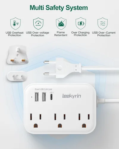 Miniatura 7 de Adaptador de enchufe de viaje europeo, regleta de corriente de EE. UU. a Reino Unido Europa para UE/RU/EE. UU. con USB C, 3 puertos USB 3 tomas