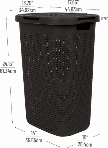 Miniatura 3 de Mind Reader - Cesta de ropa delgada con tapa, cesta de 60L, diseño de mimbre premium, plástico, color café Marrón