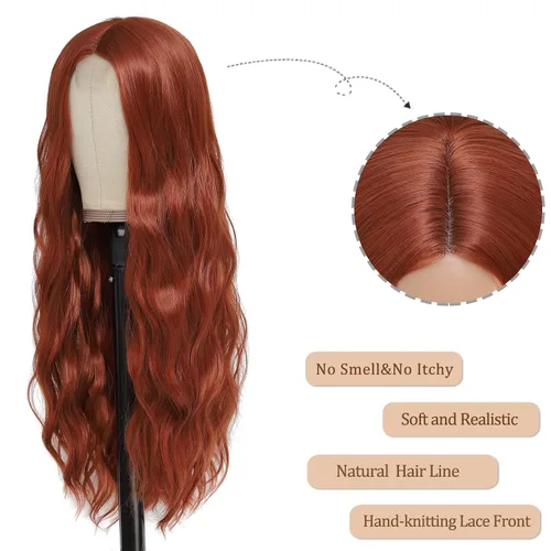 Miniatura 3 de YBYMCAI Pelucas largas para mujer, de fibra sintética color cobre rojo, onduladas, con parte media, rizadas, de 26 pulgadas, de aspecto natural