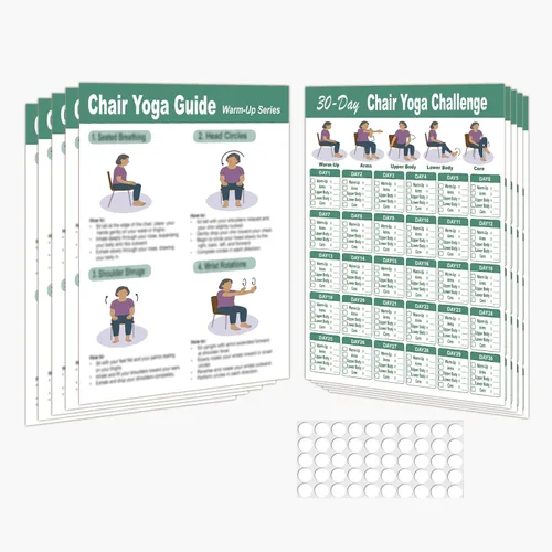 Póster de Yoga en Silla para Personas Mayores y Principiantes – Juego de 5 Guías Ilustradas y 5 Desafíos de 30 Días, Tablas de Ejercicios Sentados