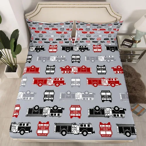 Miniatura 18 de Juego de sábanas bajeras ajustables para niños, diseño de caricaturas, camiones, tamaño individual, juegos de ropa de cama de excavadoras, camiones