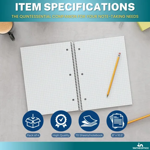 Miniatura 7 de 1InTheOffice Cuaderno de espiral de papel cuadriculado de 8.5 x 11, cuaderno a rayas gráficas de 5 cuadrados por pulgada, rojo, 70 hojas, 8 x 10.5
