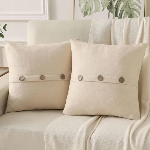 HAUSSY Juego de 2 fundas de almohada decorativas de lino beige de 20 x 20 pulgadas, fundas de cojín cuadradas con 3 botones vintage, decoración