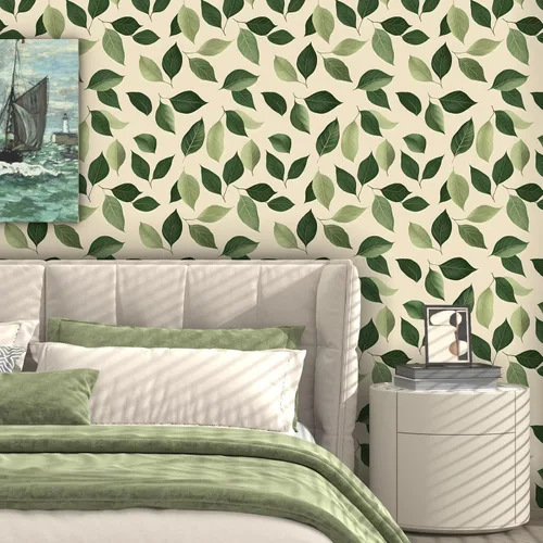 Miniatura 2 de Papel tapiz de hojas para despegar y pegar, papel de contacto con hojas de plantas verde oliva/beige, papel de pared botánico vintage, autoadhesivo