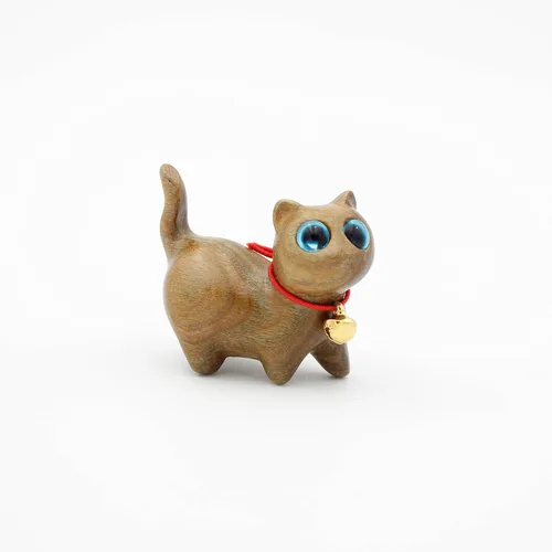 Figura de madera tallada a mano con gato de madera tallada a mano, gatito y gato del tesoro, escultura de sándalo y decoración del hogar Verde