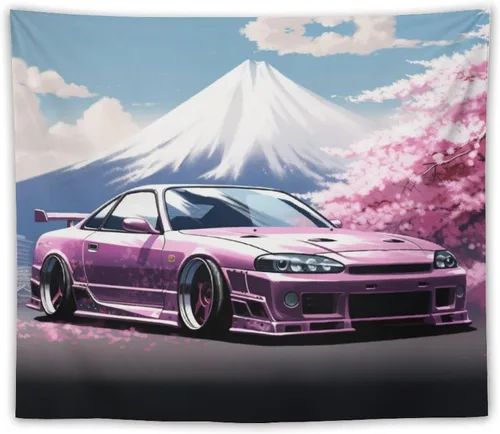Miniatura 9 de FeoYoed Jdm Car R33 - Tapiz para colgar en la pared, arte de pared para dormitorio, sala de estar, monte japonés, Fuji, flor de cerezo rosa, 40 x 60