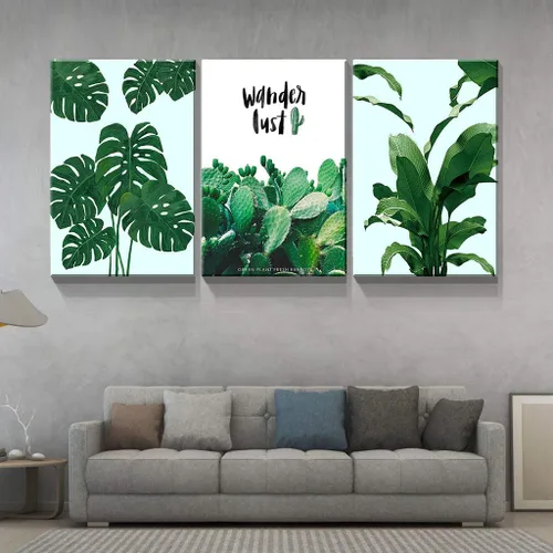 Miniatura 4 de Denozer - 3 piezas de arte de pared en lienzo con hojas verdes para sala de estar, decoración moderna del hogar, estirada y enmarcada lista