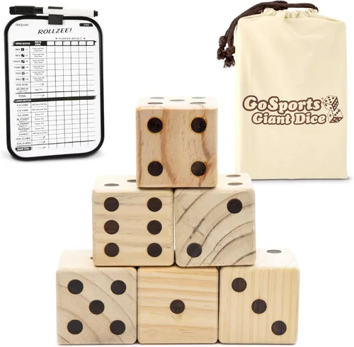 GoSports Juego de dados gigantes de madera con marcador Rollzee y Farkle, incluye 6 dados, marcador de borrado en seco y bolsa de lona, elige dados