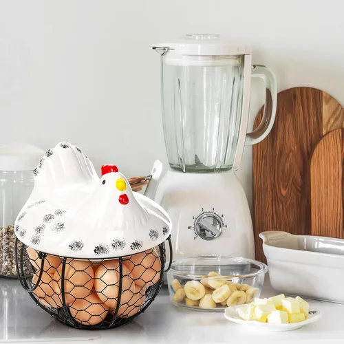 Miniatura 9 de AVLA Canasta de huevos de pollo, canastas de recolección de huevos de alambre negro con tapa de cerámica para recolectar huevos frescos, soporte