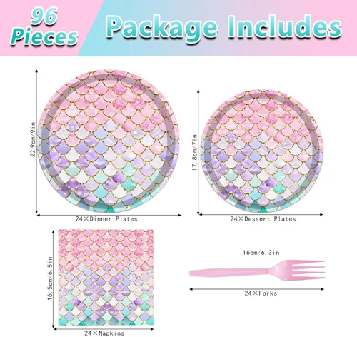 Miniatura 2 de Juego de vajilla de 96 piezas de platos y servilletas de sirena, suministros para fiesta de cumpleaños de sirena, decoración de fiesta de cumpleaños