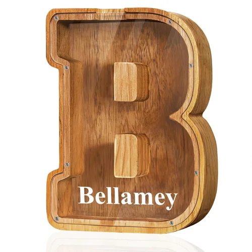 Miniatura 48 de Alcancía de madera grande personalizada con letras – Alcancía de letras para niños y niñas, regalo de cumpleaños (A)