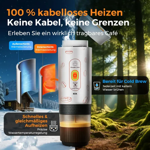 Miniatura 5 de Máquina de café espresso portátil, cafetera de viaje 3 en 1 con autocalentamiento, funciona con pilas, 20 bares, máquina de café espresso portátil