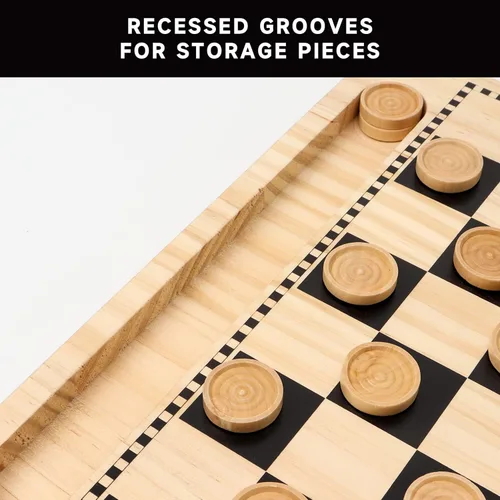 Miniatura 3 de GSE Games & Sports Expert Juego combinado 2 en 1 de tablero reversible de damas y tres en raya de madera natural con piezas de juego, juego familiar