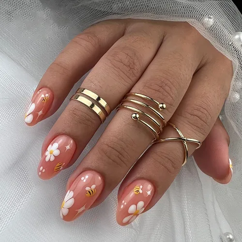 Miniatura 9 de Uñas postizas cortas ovaladas a presión de almendra, 24 unidades, cobertura completa, reutilizables, con pegamento, uñas adhesivas con diseños