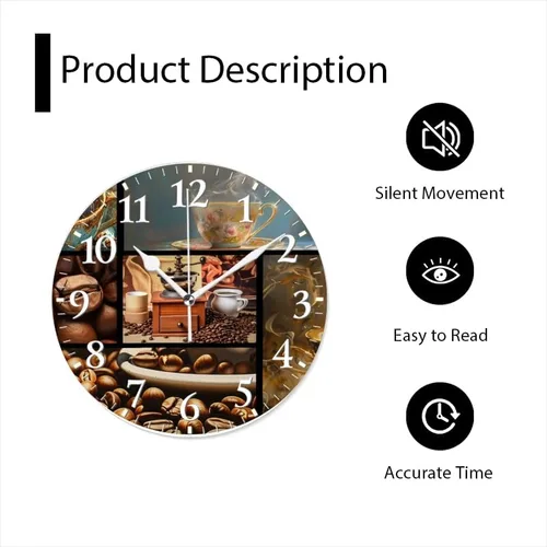 Miniatura 6 de Reloj de pared con movimiento de barrido sin tictac, funciona con pilas, relojes de pared analógicos decorativos para dormitorio, oficina, sala