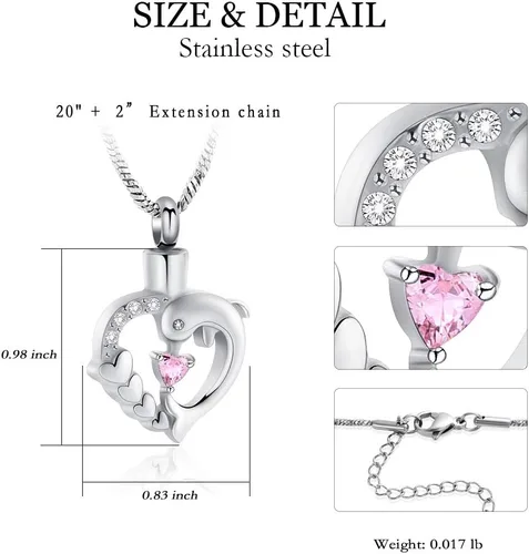 Miniatura 21 de Yinplsmemory Collar de urna de corazón de delfín para cenizas para mujer, colgante de urna de corazón de cristal, collar de recuerdo de cenizas