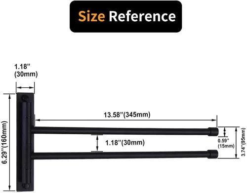 Miniatura 6 de Toallero de mano de baño negro mate 2 barras plegable brazo giratorio soporte de toalla Swing Out Towel Bar SUS 304 Acero inoxidable montaje en pared