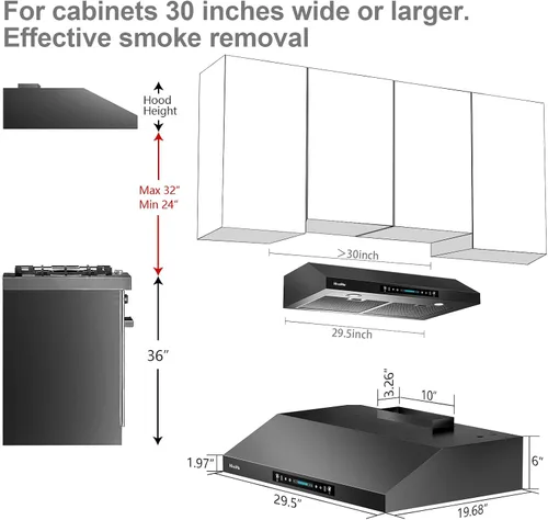 Miniatura 6 de HisoHu Campana extractora de gabinete de 30 pulgadas bajo conductos con 1200 CFM, campana de escape de cocina con detección de gestos de 4
