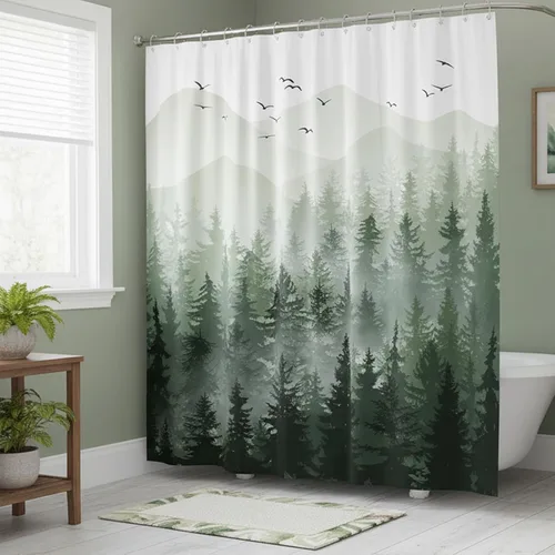 Miniatura 3 de Accnicc Juego de cortinas de ducha con diseño de bosque nebuloso, naturaleza, montaña, pino, cortinas de ducha para baño, ombre verde salvia blanco