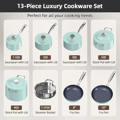 Miniatura 9 de Nuwave Lux - Juego de utensilios de cocina ligeros forjados de 13 piezas, sin PFAS, revestimiento de cerámica saludable G10 Duralon, ultra Verde