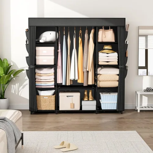 Miniatura 2 de Armario portátil para colgar ropa de 57.3 pulgadas, armario de gran capacidad con tapa, 8 bolsillos y 1 barra para colgar, organizador de armario