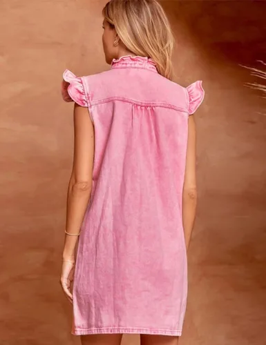 Miniatura 2 de happlan Vestido de mezclilla con botones y cuello de loto desgastado para mujer