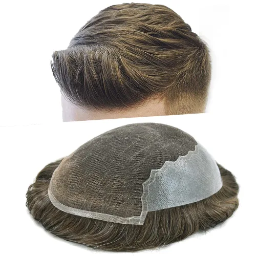 Miniatura 16 de Tupé para hombres 100% europeos unidades de cabello humano francés sistema de cabello de encaje con nudos blanqueados, línea capilar natural para #5