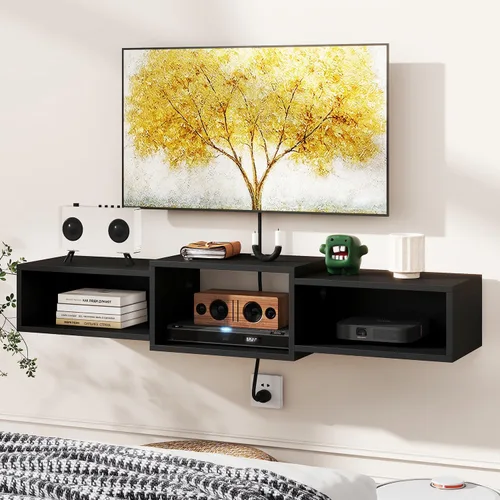 Miniatura 8 de IBUYKE Soporte flotante para TV montado en la pared con toma de corriente, moderno estante de consola de madera montado en la pared, centro