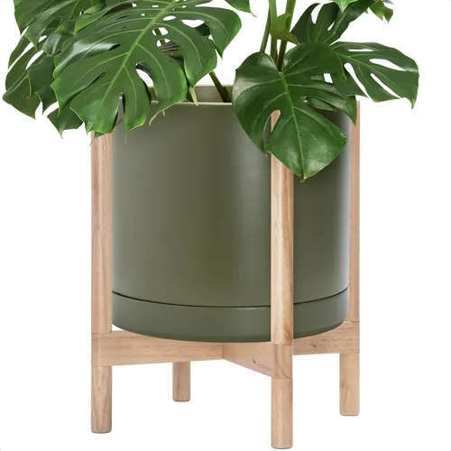 Miniatura 62 de D'vine Dev Maceta de cerámica con soporte de ébano – Maceta redonda moderna de 8 pulgadas con soporte para maceta de madera, color negro, 55-B-M-2