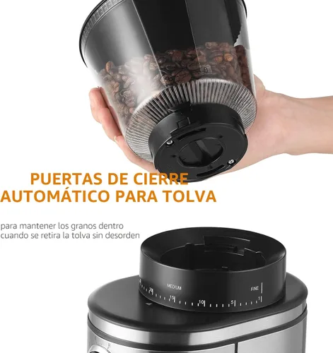 Miniatura 2 de Ollygrin Molinillo de café de rebabas, molinillo de café cónico eléctrico con 30 ajustes de molienda ajustables para 2-12 tazas, plateado y negro